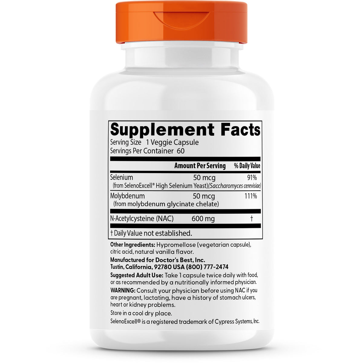 DB217 | back label showing Supplement Facts panel listing serving size, Selenium 50 mcg, Molybdenum 50 mcg, NAC 600 mg