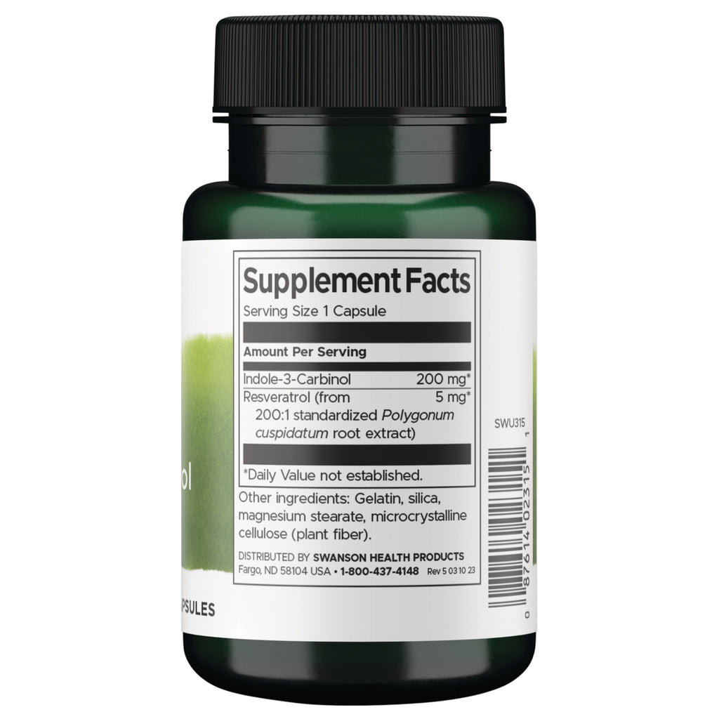 SWU315 | Back label with Supplement Facts: serving size 1 capsule; Indole-3-Carbinol 200 mg; Resveratrol 5 mg - Thumbnail