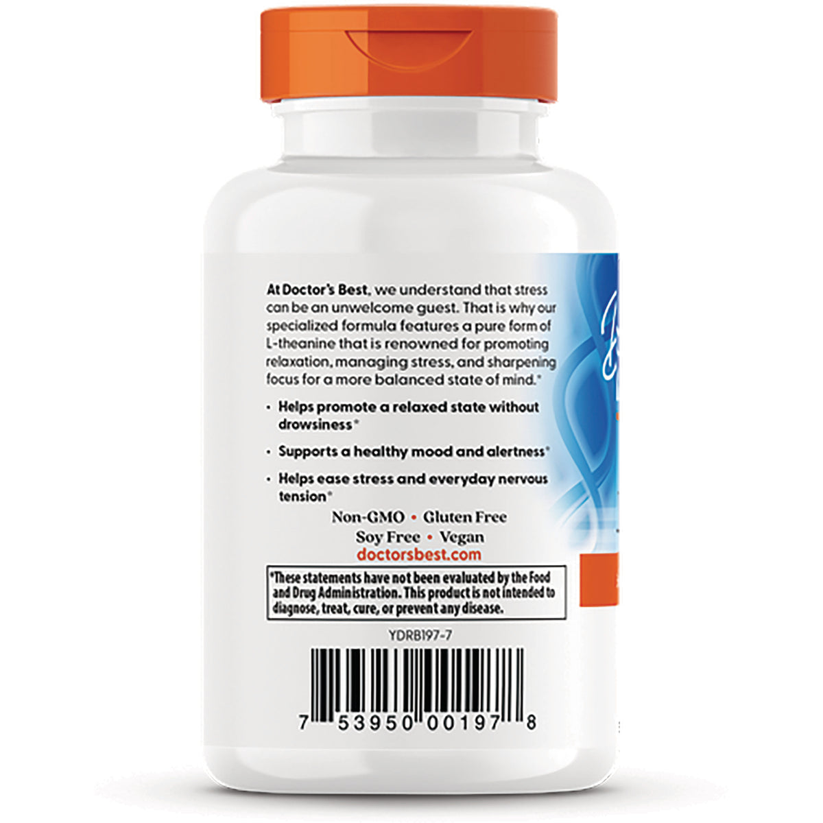 DB118 | Back of white supplement bottle with orange cap showing label text, Non-GMO Gluten Free Soy Free Vegan and barcode