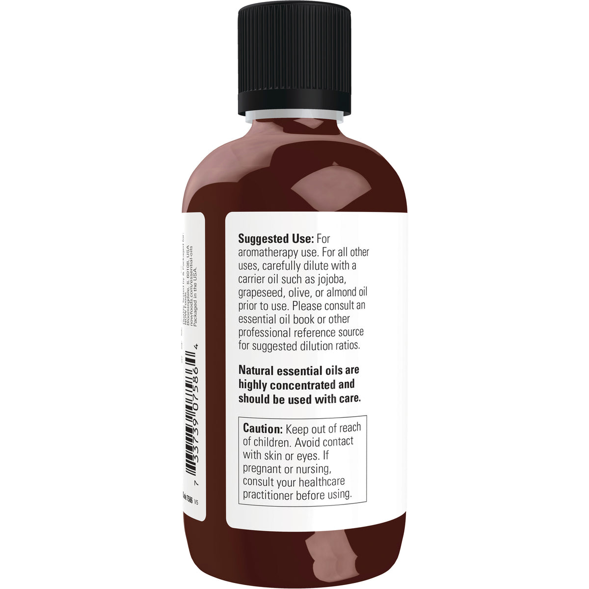 NWF145 | back label of brown essential oil bottle showing suggested use, caution text and barcode
