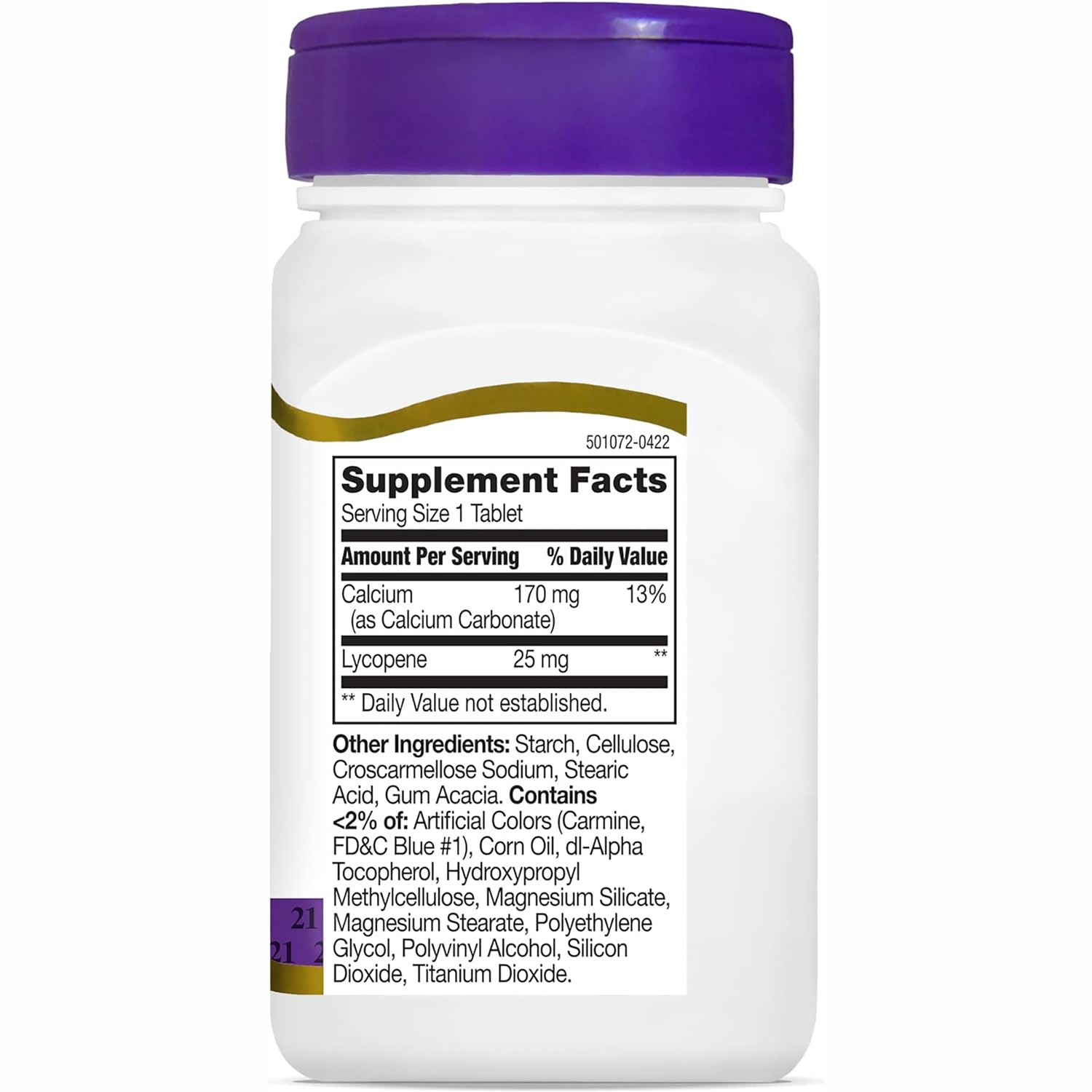 CNT098 | back label showing Supplement Facts panel listing Calcium 170 mg, Lycopene 25 mg and other ingredients