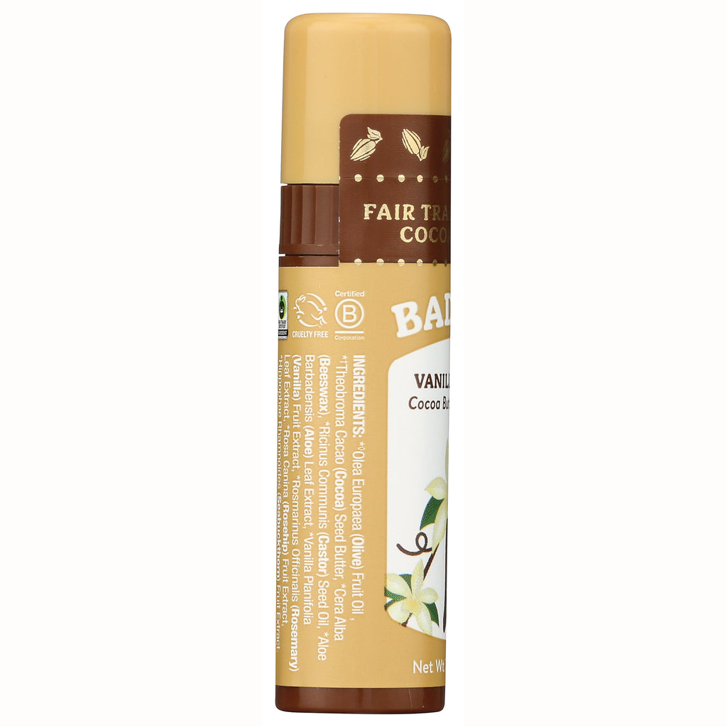 BAD004 | back of vanilla cocoa butter lip balm showing ingredients list and certification icons - Thumbnail