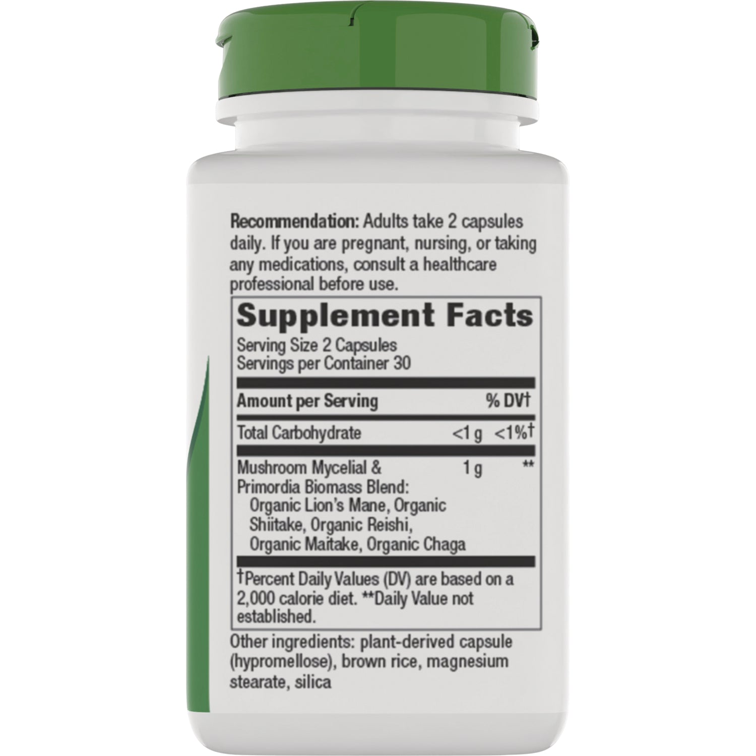 NW1073 | Back of white supplement bottle showing Supplement Facts panel and text listing mushroom blend and other ingredients