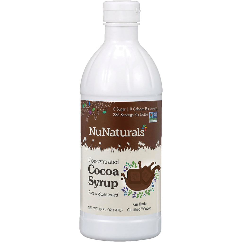 NN053 | White plastic bottle labeled NuNaturals Concentrated Cocoa Syrup stevia sweetened - Thumbnail