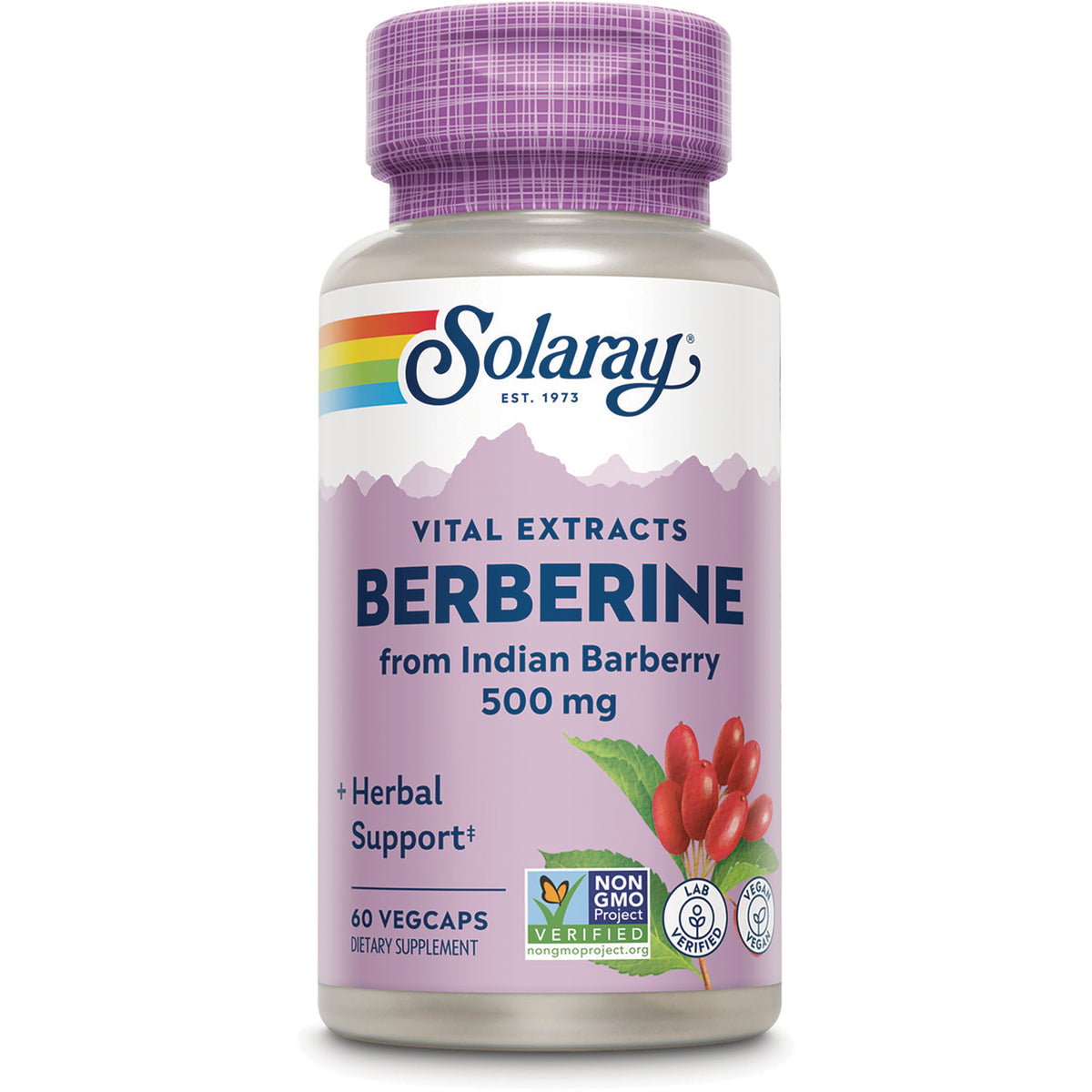 SLR442 | Solaray Berberine 500 mg dietary supplement bottle with purple label, 60 vegcaps
