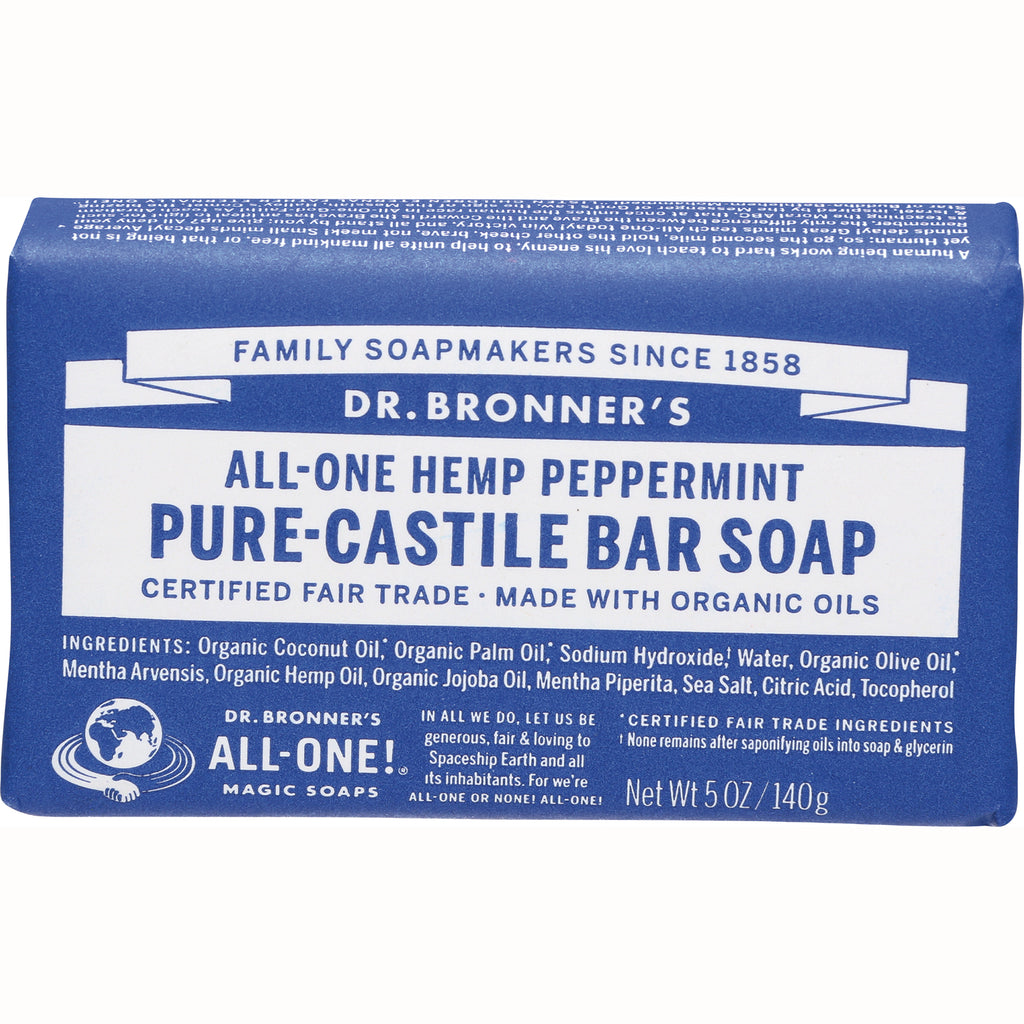 DRB004 | Dr. Bronner's All-One hemp peppermint pure-castile bar soap blue packaging front view Net Wt 5 OZ/140g - Thumbnail