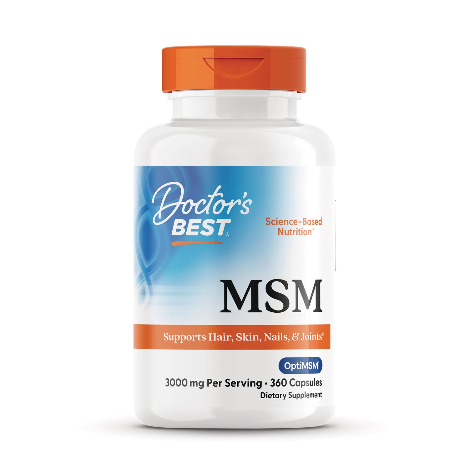 DB221 | Doctor's Best MSM supplement bottle front labeled Supports Hair, Skin, Nails & Joints 3000 mg per serving 360 capsules
