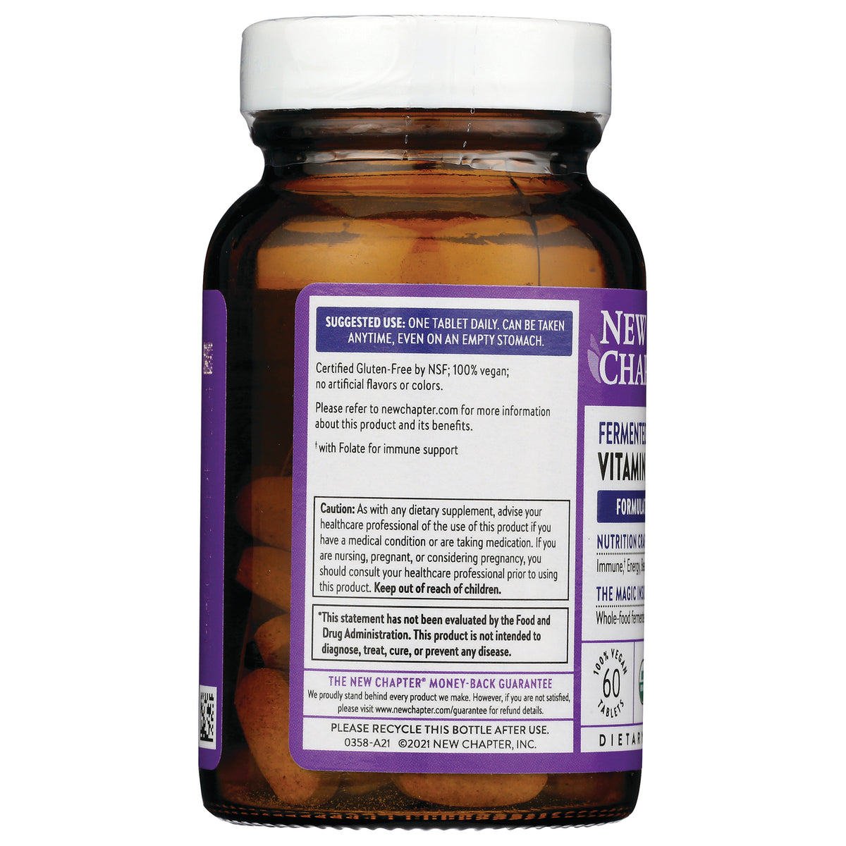 NWC344 | Back label of amber supplement bottle showing suggested use, caution, guarantee text and visible tablets