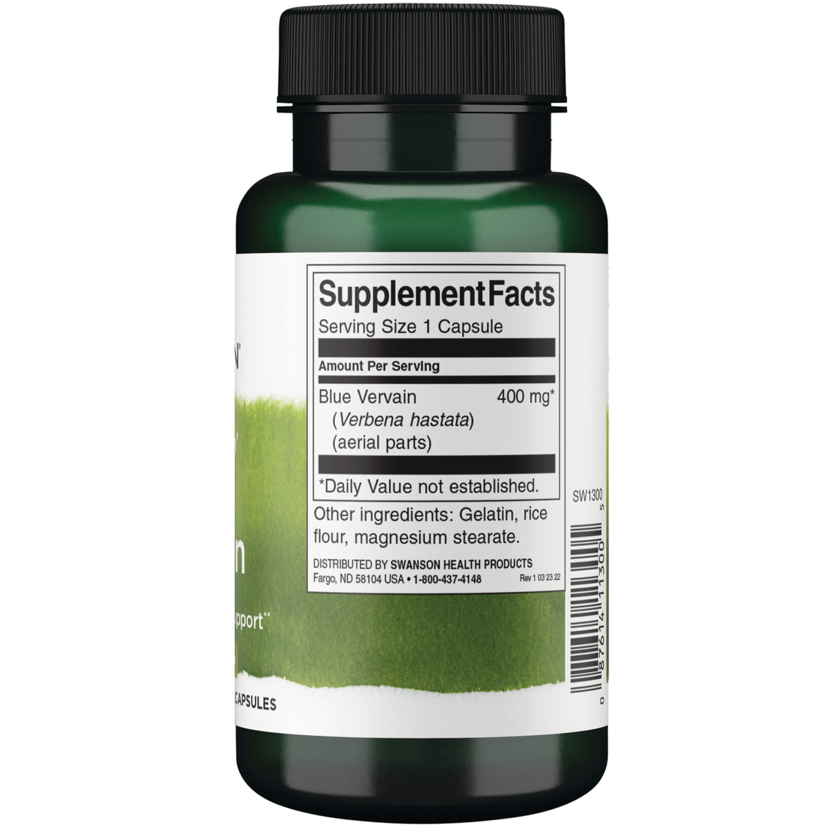 SW1300 | Supplement Facts panel for Blue Vervain 400 mg capsules with other ingredients and barcode