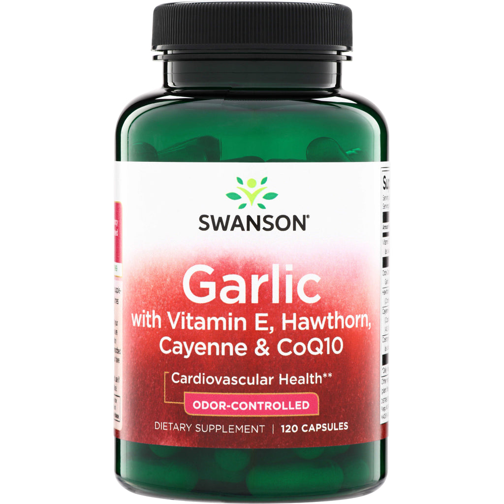SWG23 | Swanson Garlic with Vitamin E, Hawthorn, Cayenne & CoQ10, odor-controlled, 120 capsules - Thumbnail