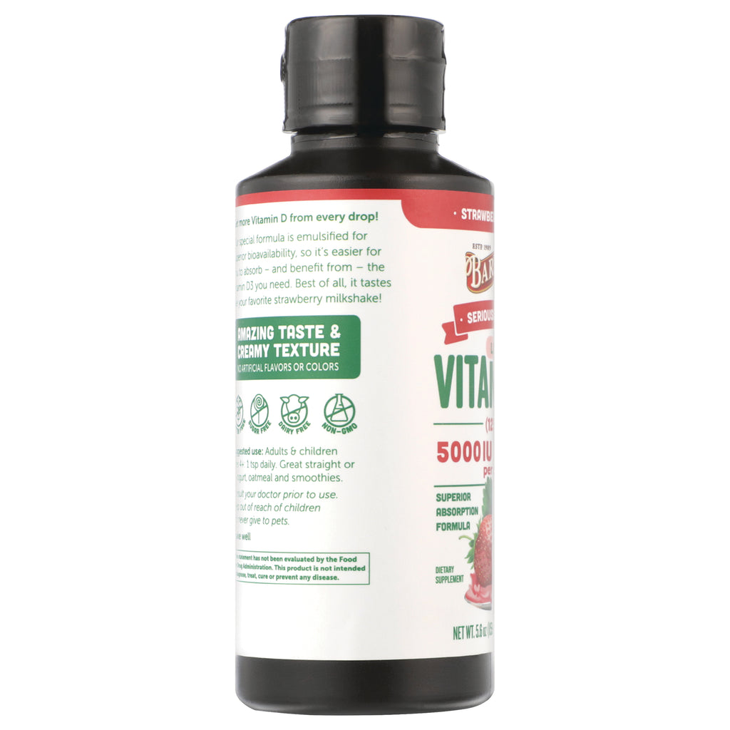 Bottle side panel showing product infographic with 5000 IU claim, icons, and strawberry image - Thumbnail