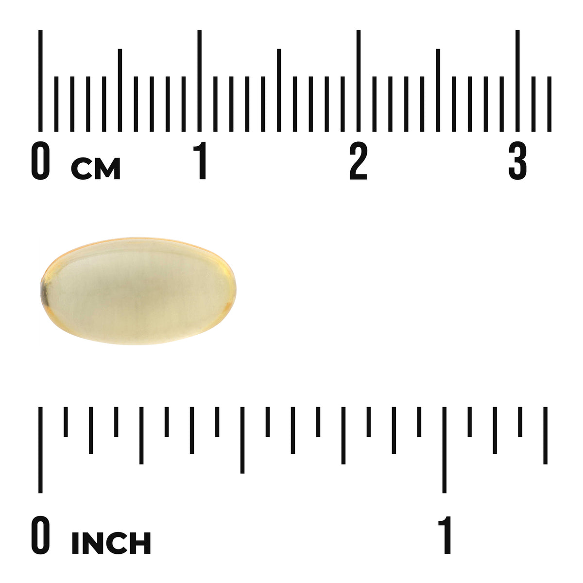 SW004 | Oval softgel shown with centimeter and inch rulers for size reference