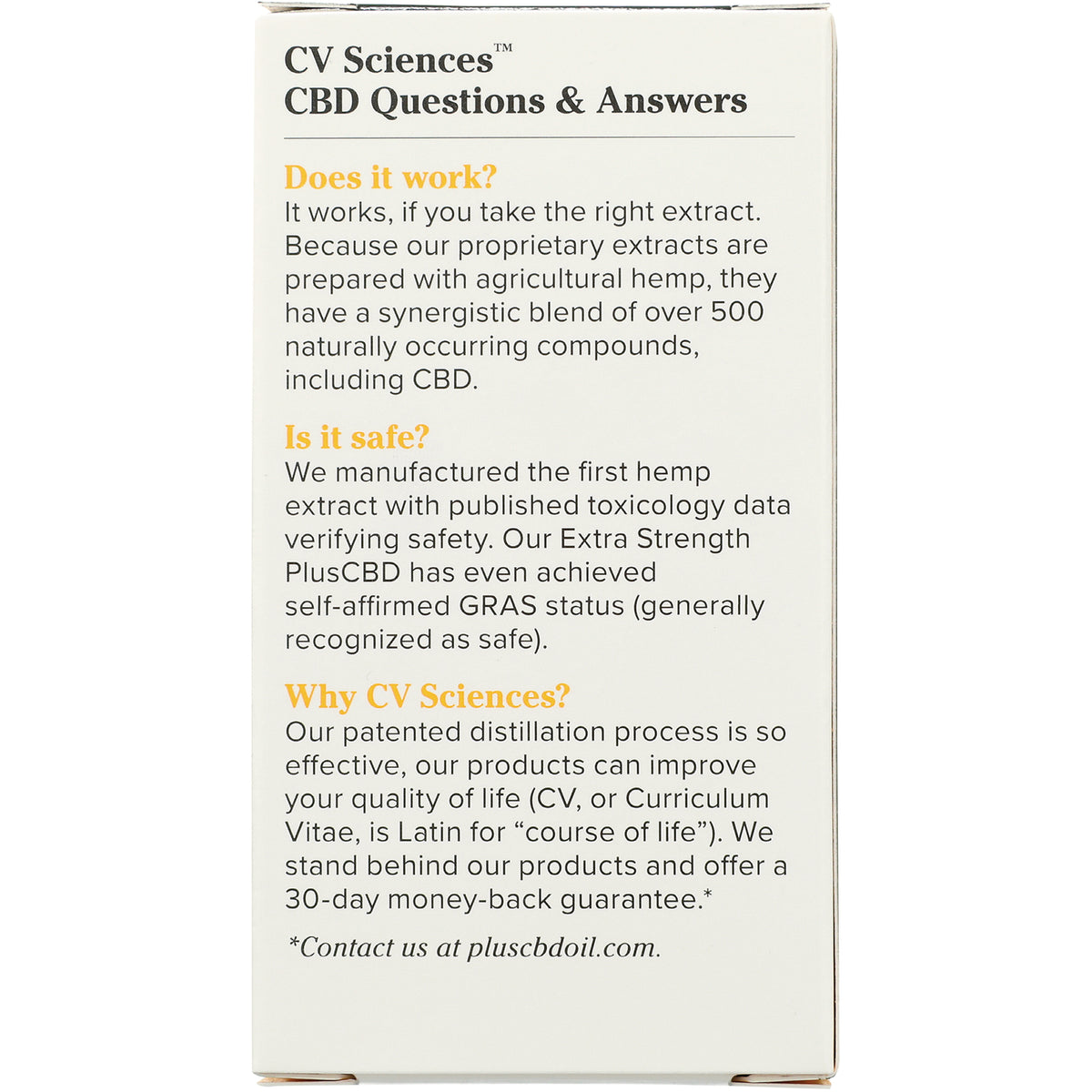 CV026 | back panel reading CBD Questions & Answers with headings Does it work? Is it safe? Why CV Sciences