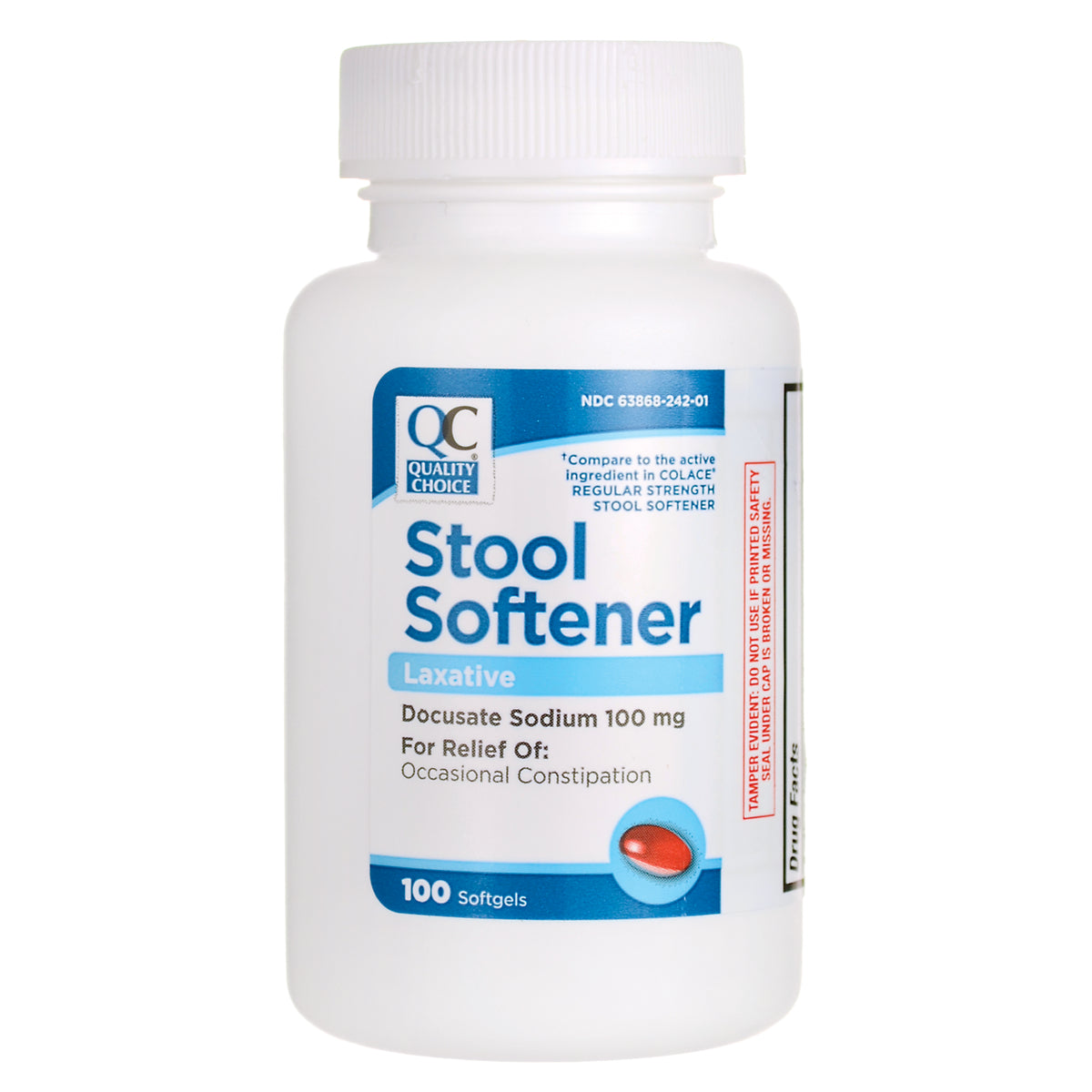 QCH047 | QC Quality Choice Stool Softener laxative bottle labeled Docusate Sodium 100 mg, 100 softgels
