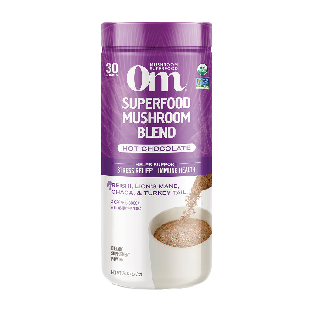 MMX051 | Om Superfood Mushroom Blend Hot Chocolate powder container with purple front label showing 30 servings and poured cup - Thumbnail