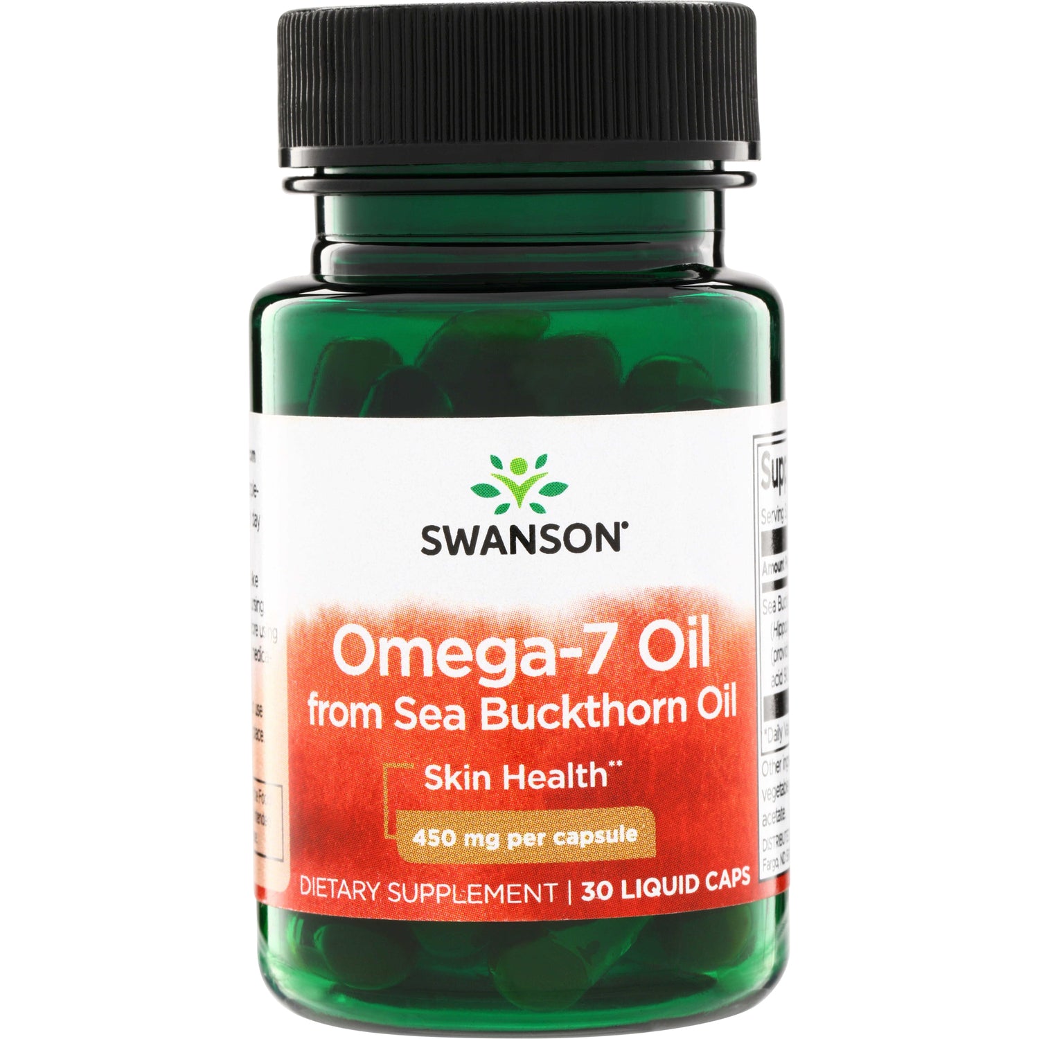 SWE096 | Swanson Omega-7 Oil from Sea Buckthorn Oil, Skin Health, 450 mg per capsule, 30 liquid caps bottle front