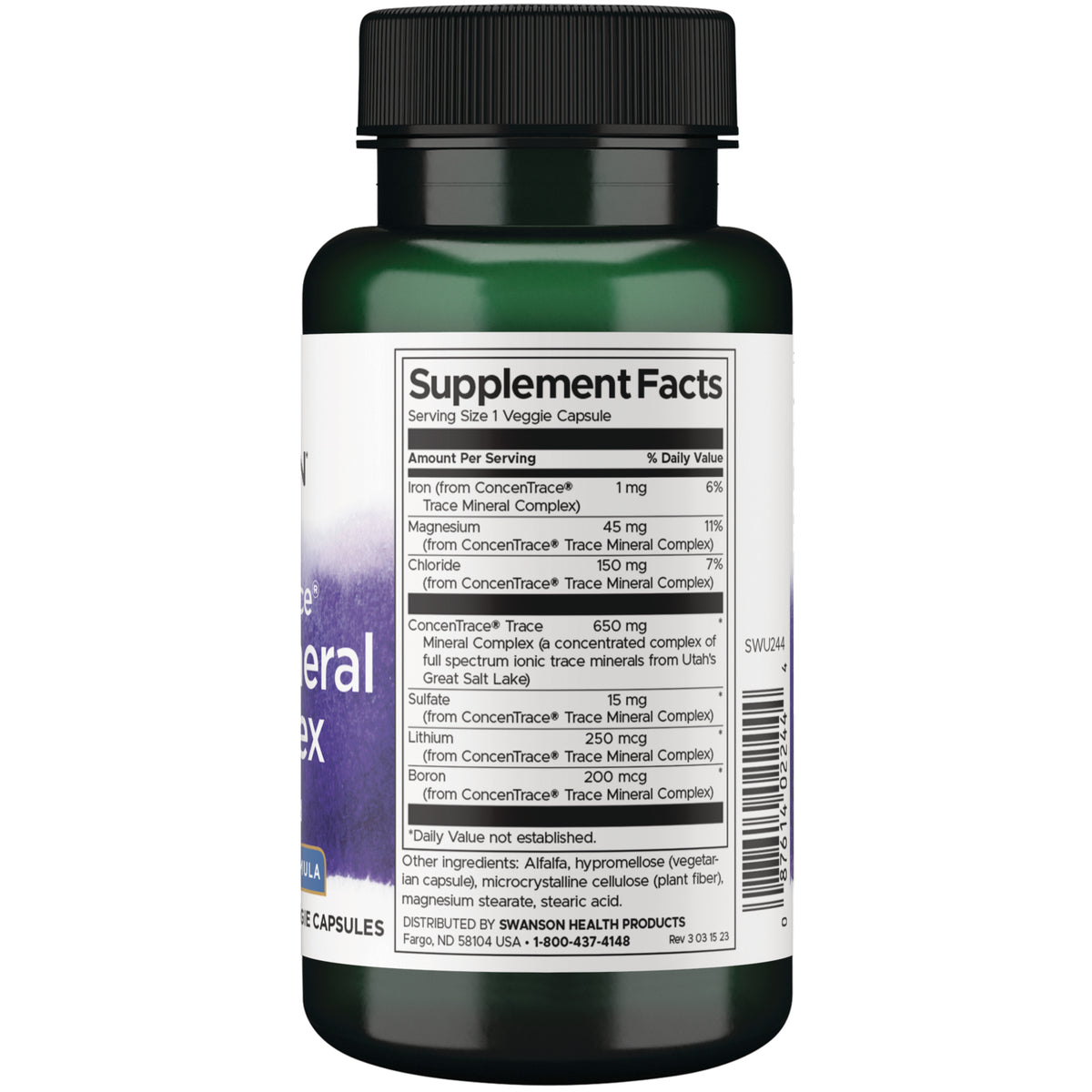 SWU244 | Back label with Supplement Facts panel, ingredients, and barcode