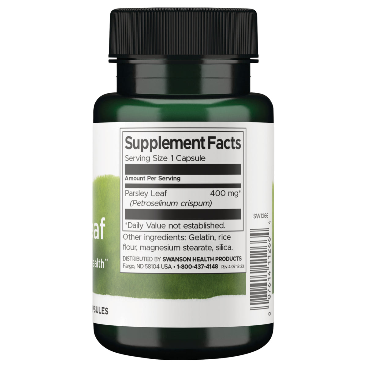 SW1266 | Green herbal capsule with centimeter and inch rulers indicating about 2.5 cm length