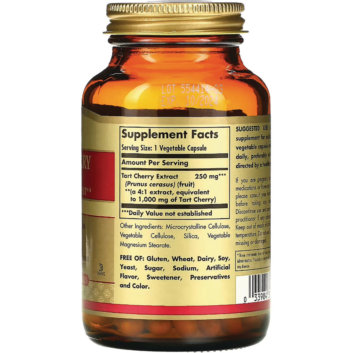 Supplement Facts label on amber bottle showing serving size 1 vegetable capsule, Tart Cherry Extract 250 mg and other ingredients