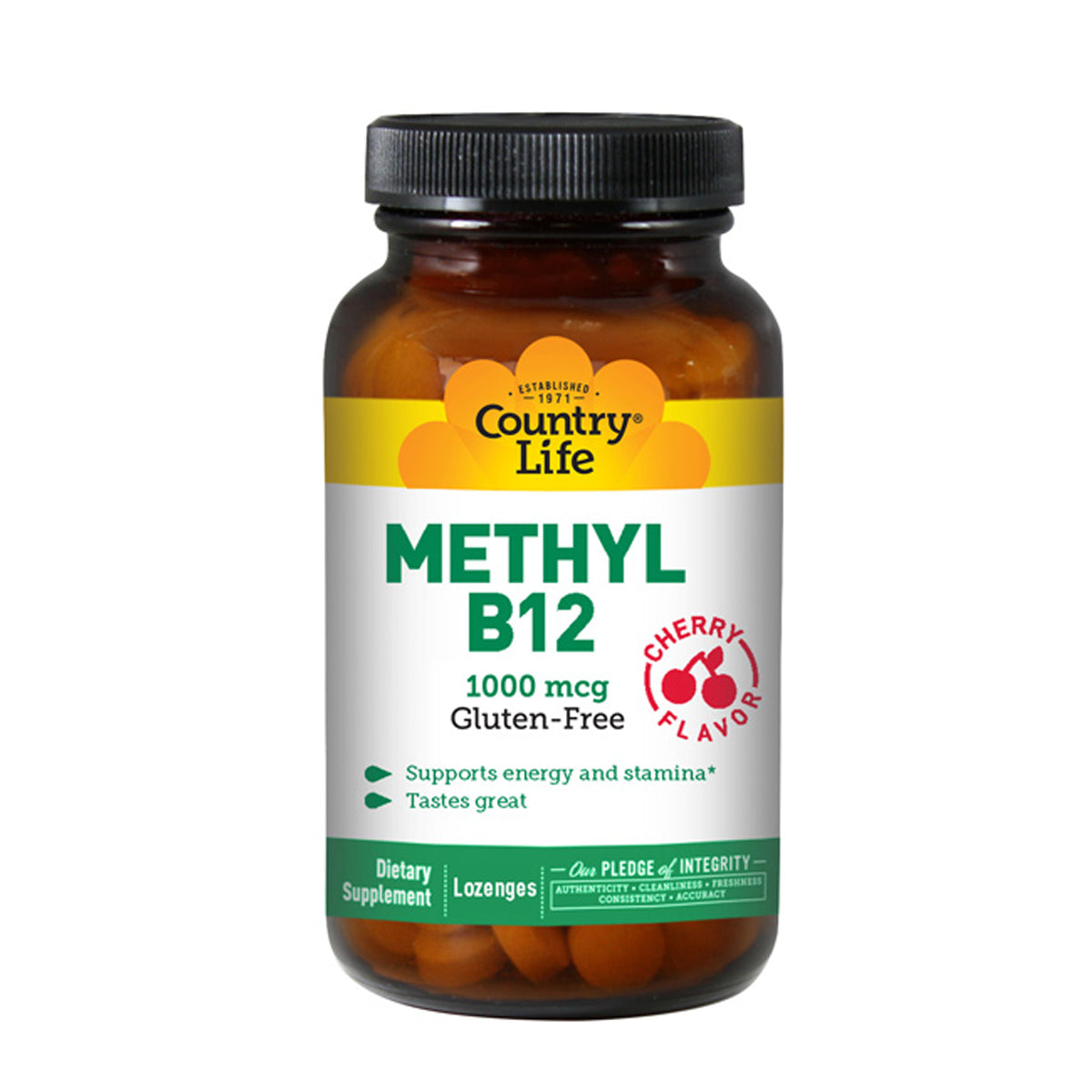 CRL597 | Country Life Methyl B12 1000 mcg cherry flavor gluten-free lozenges in amber bottle