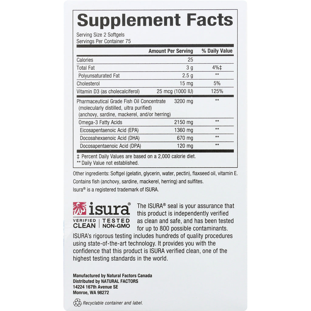 NFC118 | back label showing Supplement Facts panel, ingredient list, and ISURA testing seal for fish oil softgels - Thumbnail