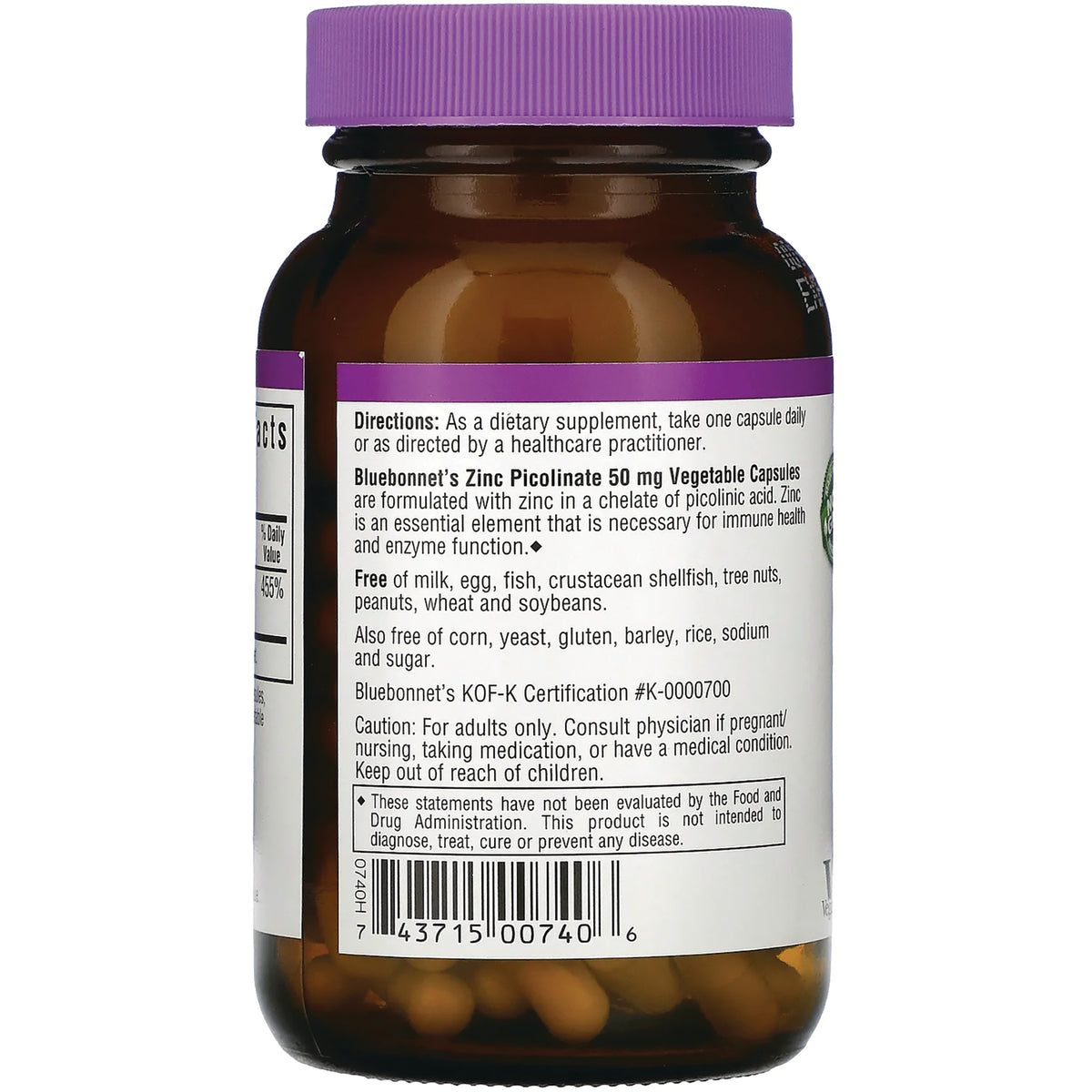 BLU138 | Back of brown supplement bottle with purple cap showing directions, Bluebonnet's Zinc Picolinate 50 mg label, warnings and barcode