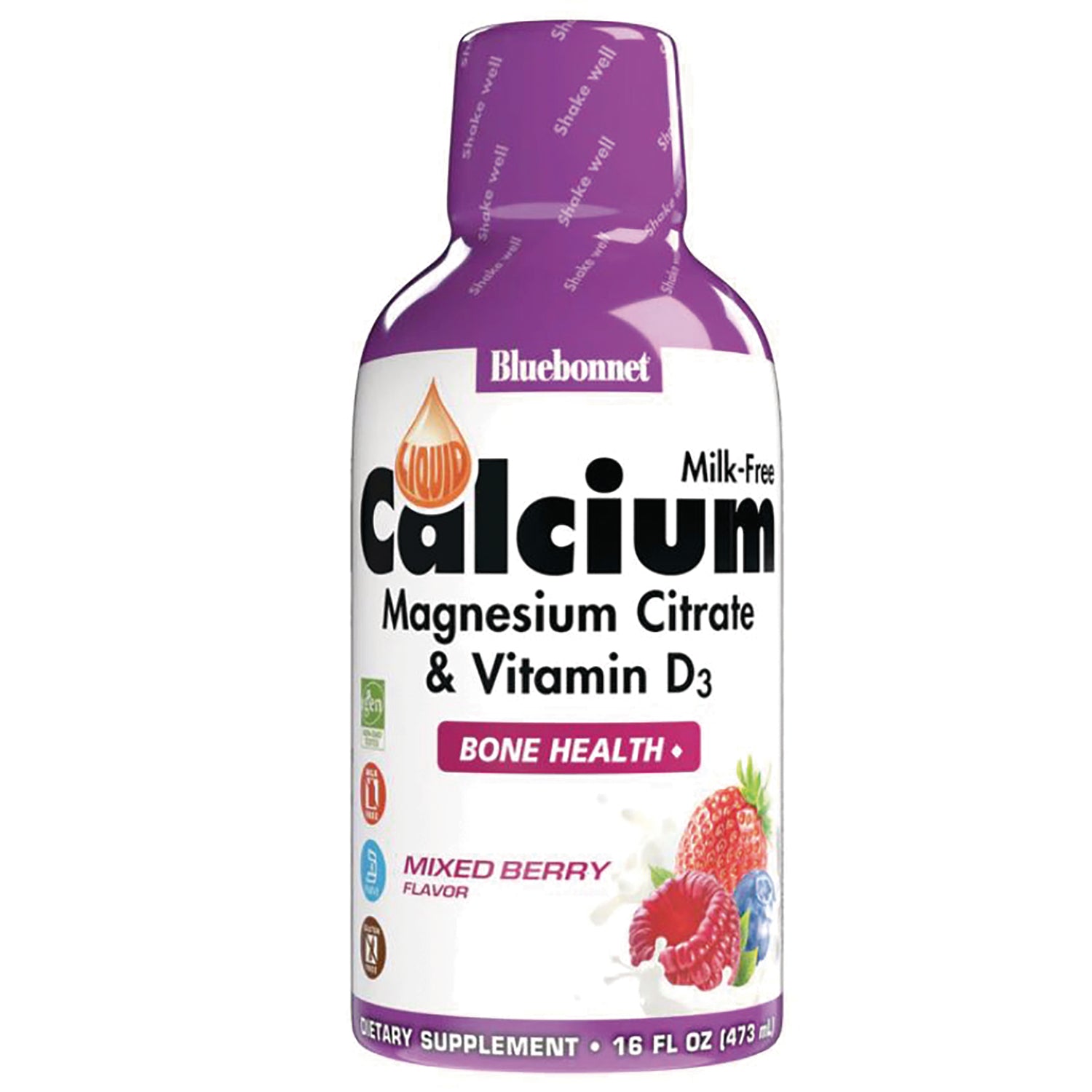 BLU091 | Bluebonnet liquid Calcium Magnesium Citrate & Vitamin D3 mixed berry bottle with purple cap