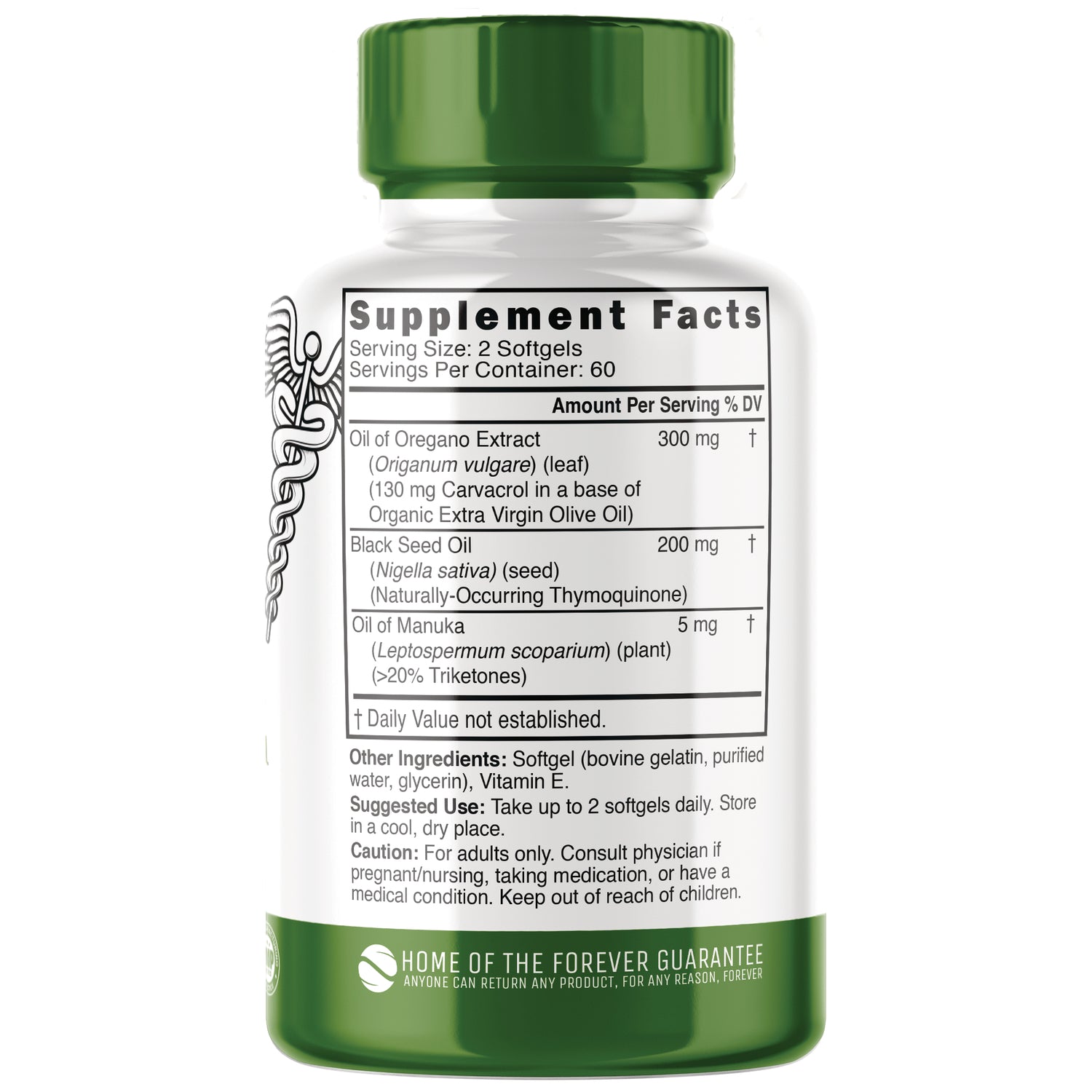 NFU017 | Back of white and green supplement bottle showing Supplement Facts panel and ingredient and usage text
