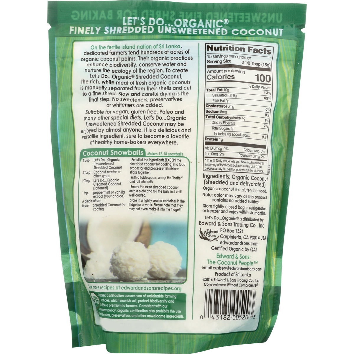 LDO003 | back of Let's Do...Organic finely shredded unsweetened coconut bag showing nutrition facts, ingredients, and Coconut Snowballs recipe