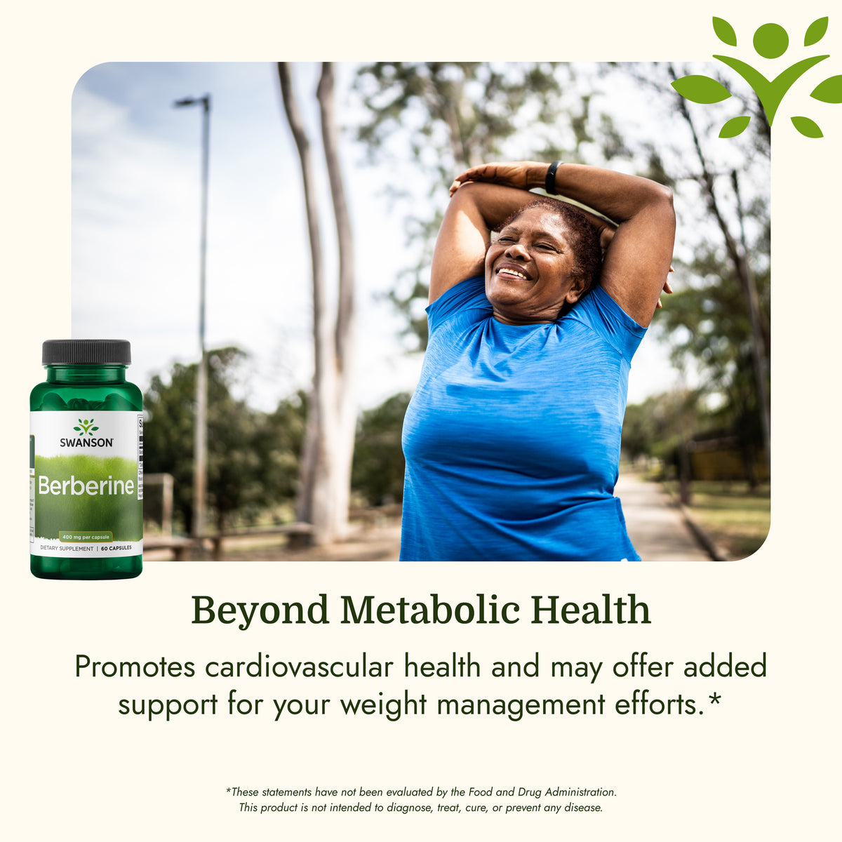 SW1411 | Woman stretching outdoors beside Swanson Berberine bottle with metabolic health message