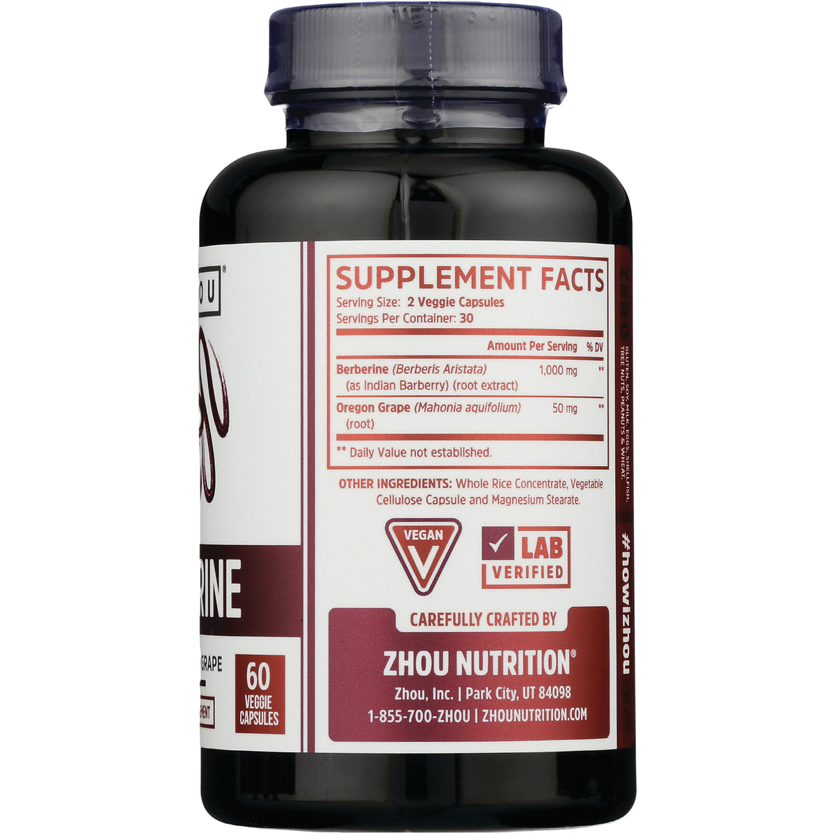 ZOU051 | Back of Zhou Nutrition Berberine supplement bottle with Supplement Facts, Vegan and Lab Verified icons, 60 veggie capsules