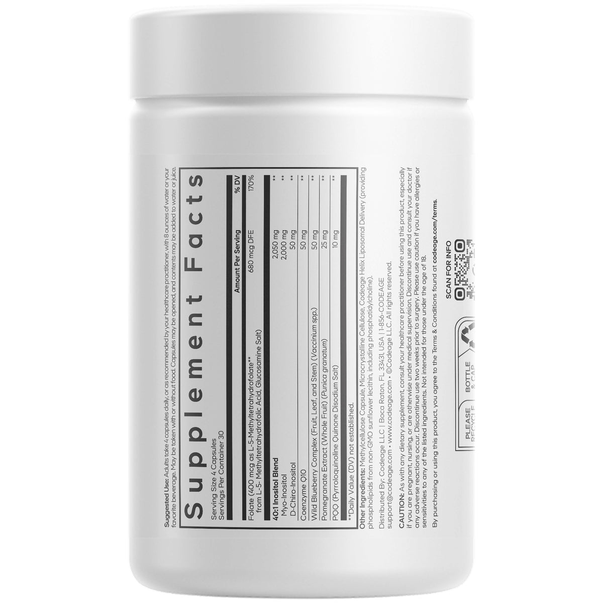 CDG065 | back of white supplement bottle showing Supplement Facts panel and ingredient text