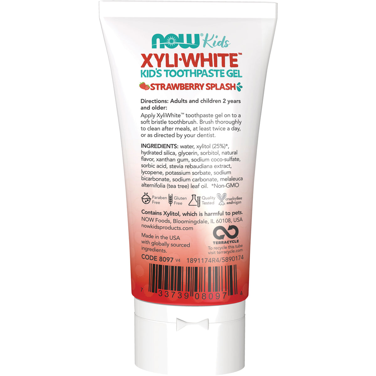 NWF1181 | Back label of NOW Kids XyliWhite Strawberry Splash toothpaste tube showing ingredients, directions, and barcode