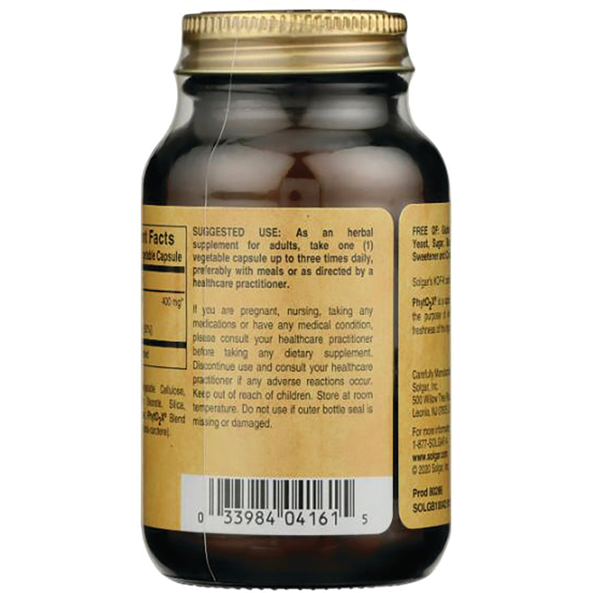 SLG345 | Back label of brown supplement bottle showing suggested use text and barcode