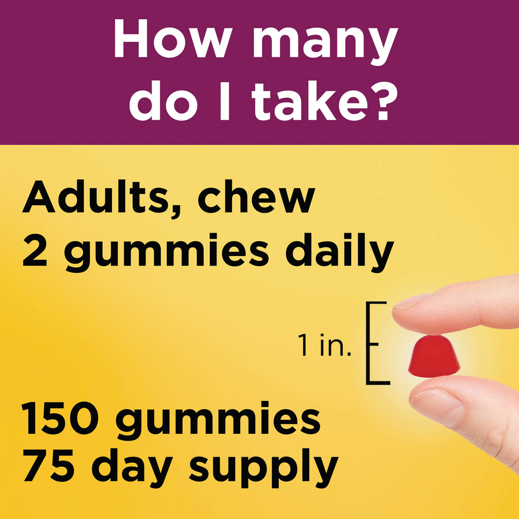 NTM168 | Adults chew 2 gummies daily; 150 gummies 75 day supply; hand holding 1 in gummy - Thumbnail