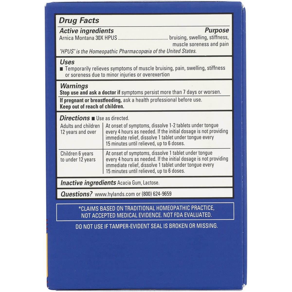 HY244 | Back panel showing Drug Facts with active ingredient Arnica Montana 30X HPUS, uses, warnings, directions and contact info