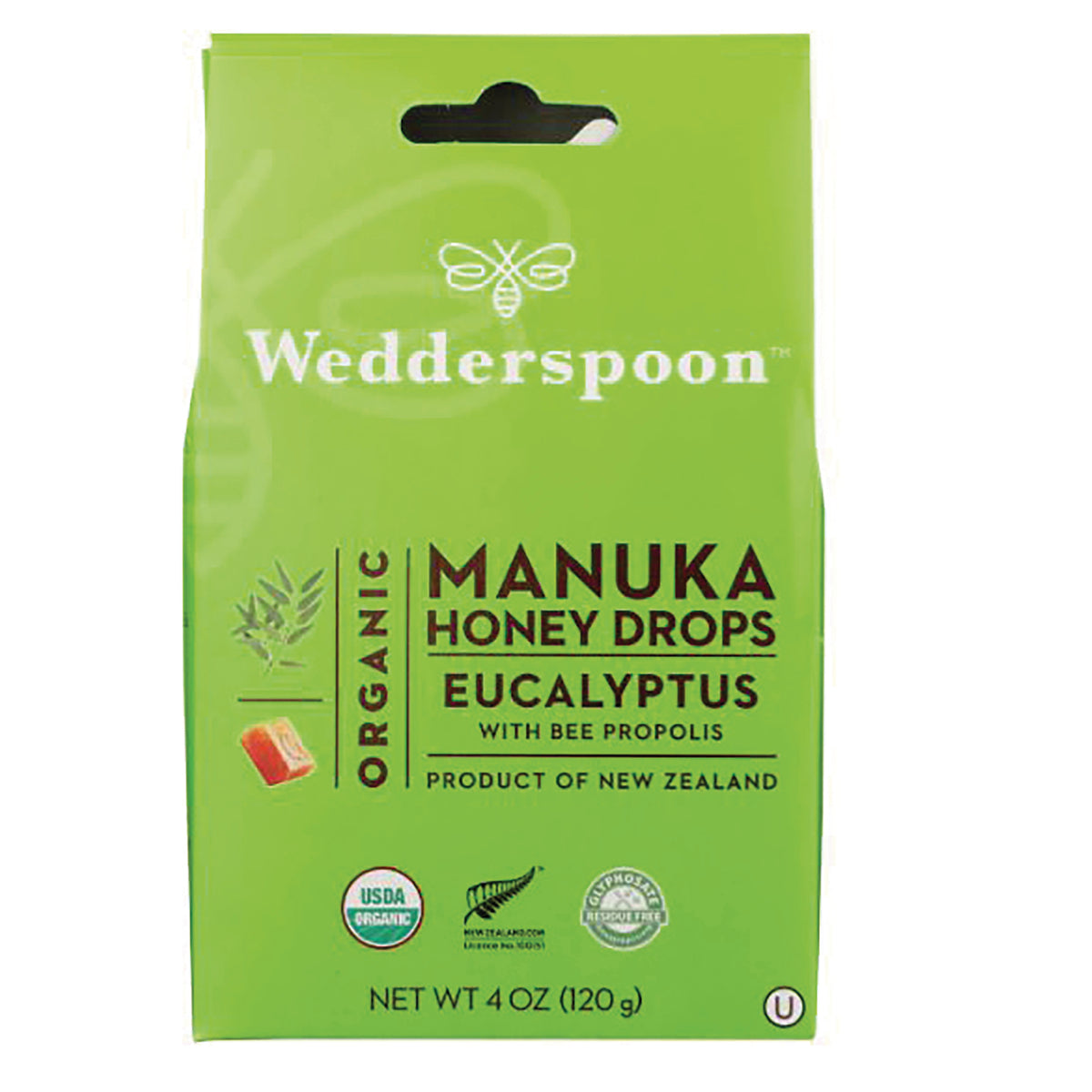 WED027 | Wedderspoon Organic Manuka Honey Drops Eucalyptus with Bee Propolis, 4 oz pouch