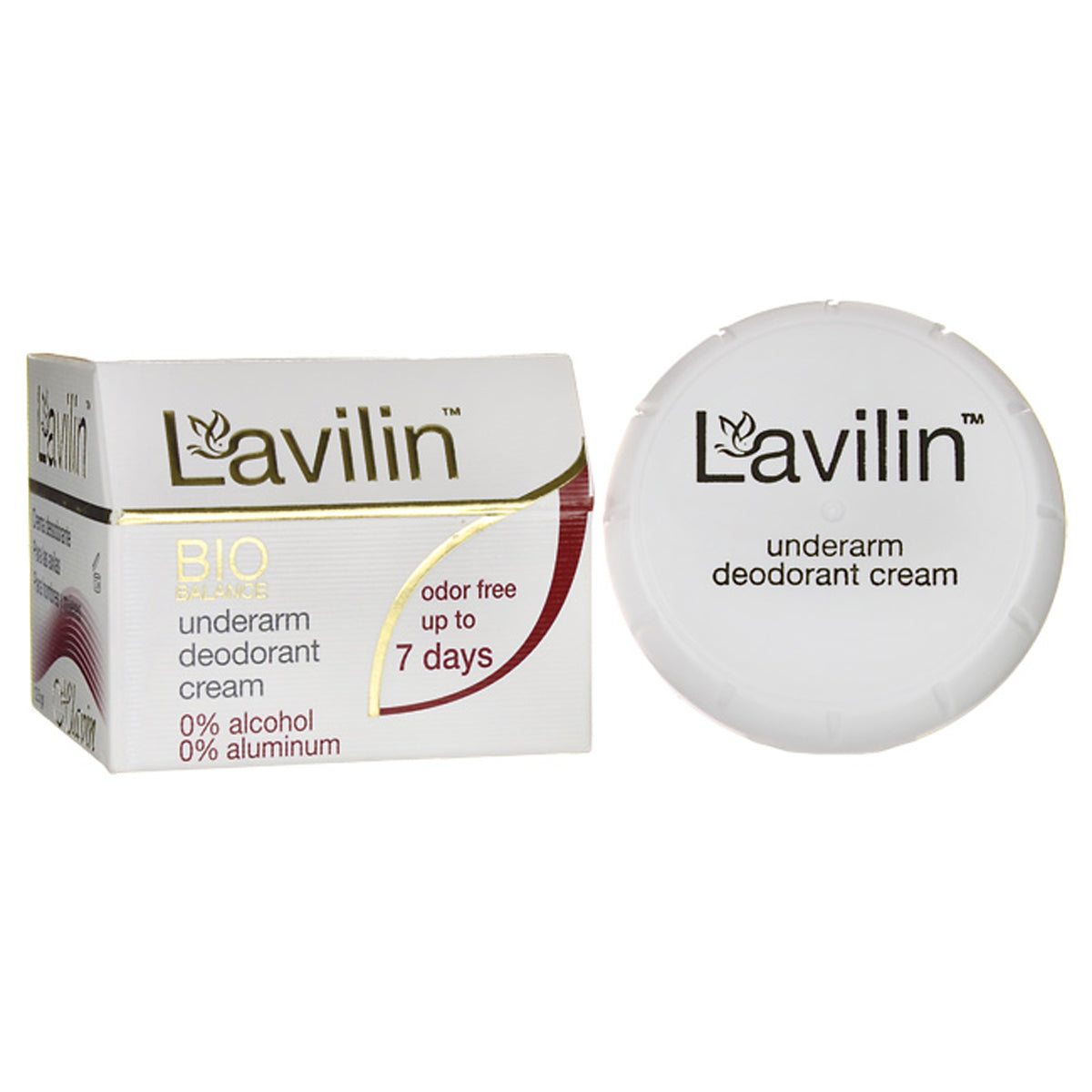 NWF059 | Lavilin underarm deodorant cream box and jar lid labeled odor free up to 7 days and 0% alcohol 0% aluminum
