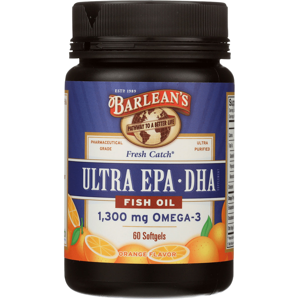 BAR022 | Barlean's Ultra EPADHA fish oil bottle, 1,300 mg Omega-3, 60 softgels, orange flavor