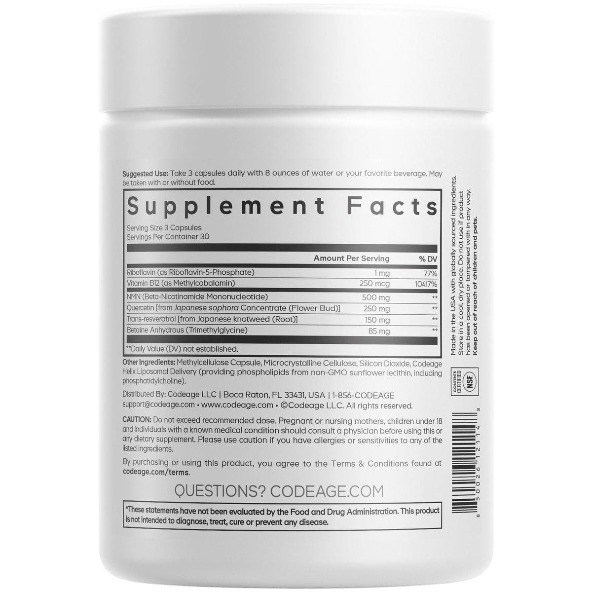 Supplement Facts label and ingredients on back of white supplement jar showing serving size, ingredient list, caution text and barcode
