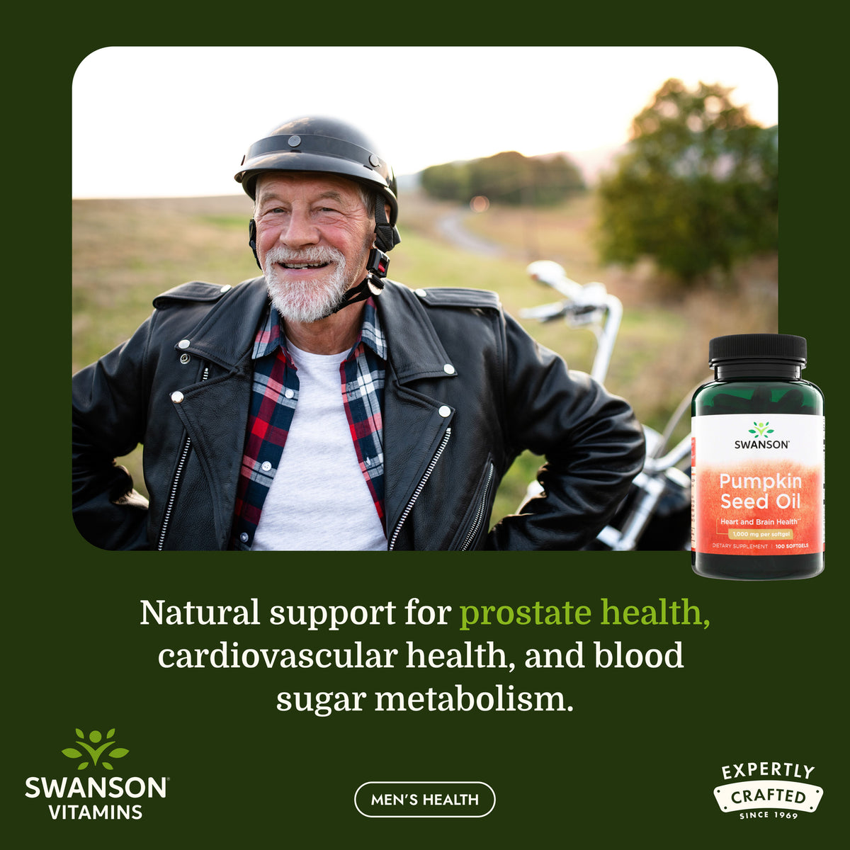 SW364 | Swanson Pumpkin Seed Oil softgel bottle with a smiling man on a motorcycle and men’s health claims