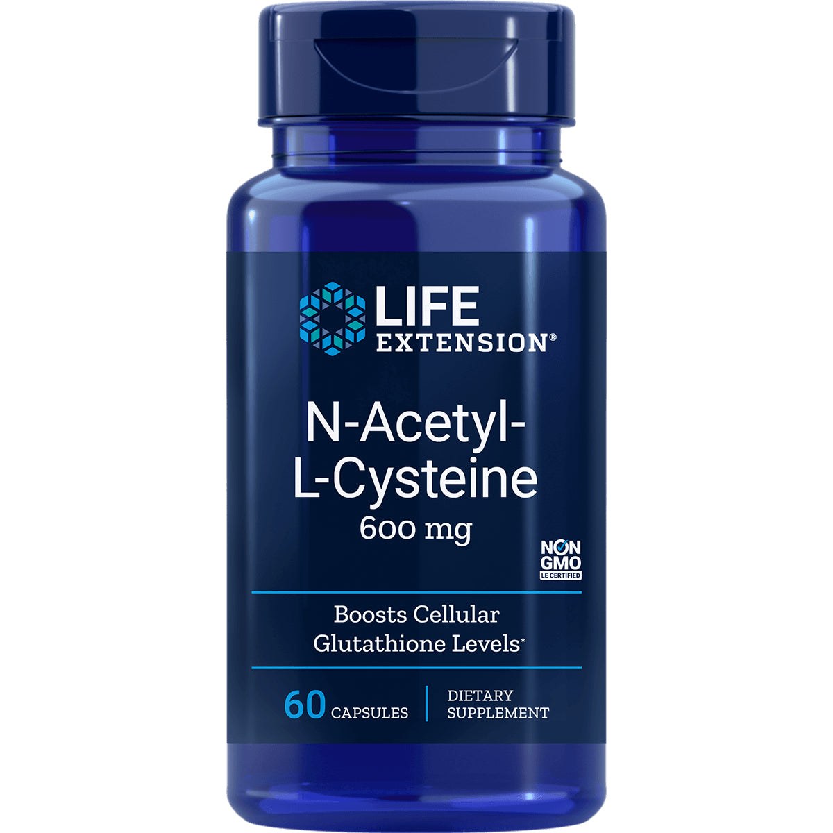 LE210 | Life Extension N-Acetyl-L-Cysteine 600 mg supplement bottle showing front label, 60 capsules