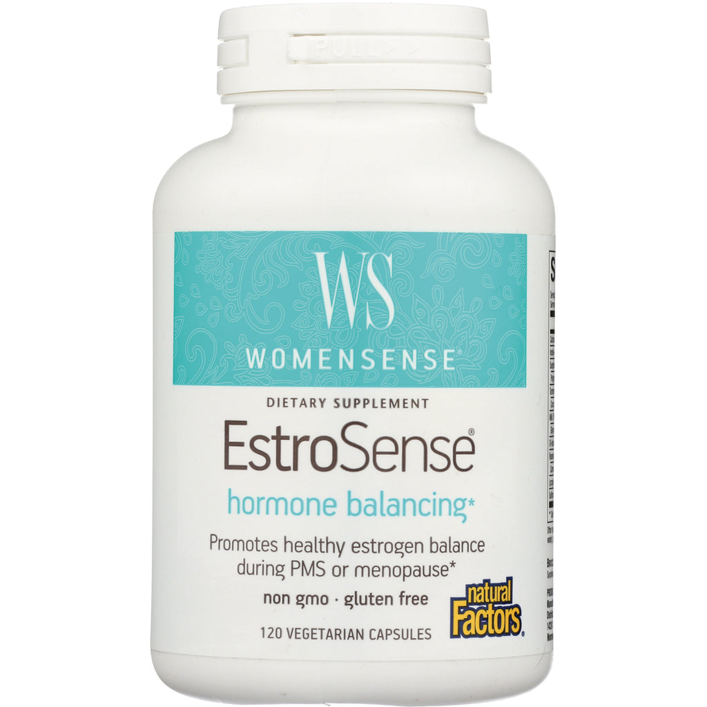 NFC111 | white bottle of Natural Factors EstroSense hormone balancing dietary supplement label with WOMENSENSE and 120 capsules - Thumbnail