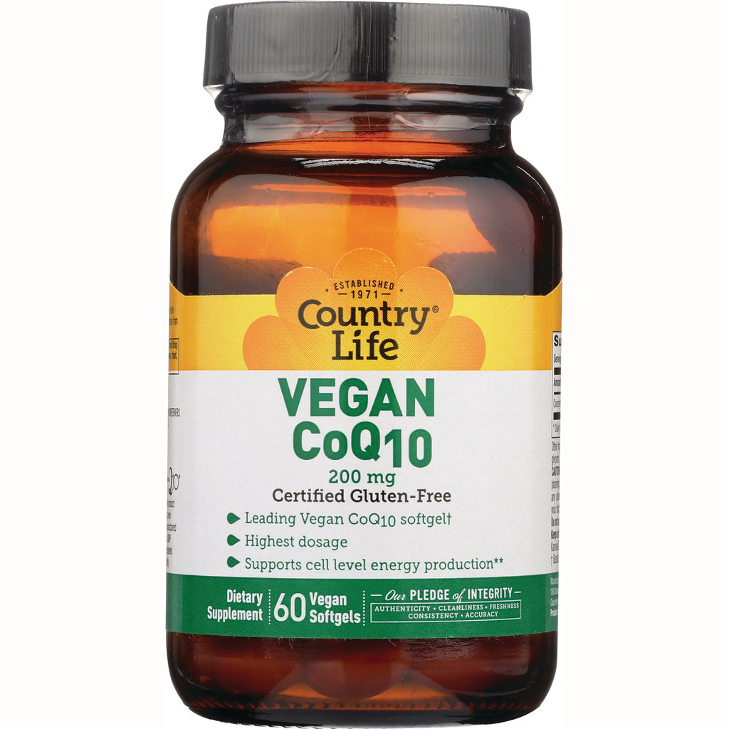 CRL609 | Country Life VEGAN CoQ10 200 mg dietary supplement bottle, 60 vegan softgels, certified gluten-free - Thumbnail