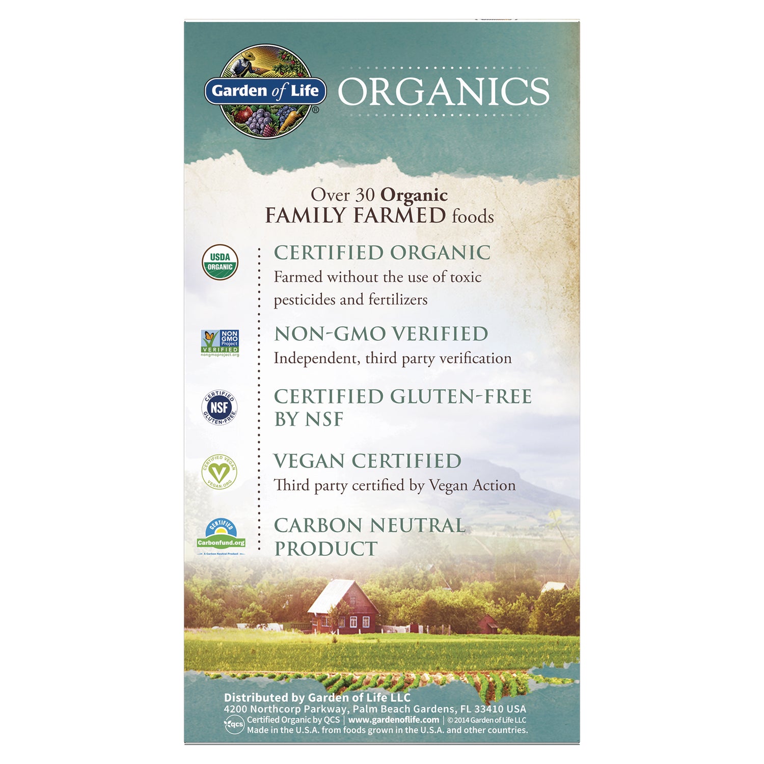 GLF182 | Back panel showing certifications: certified organic, non-GMO, NSF gluten-free, vegan certified, carbon neutral