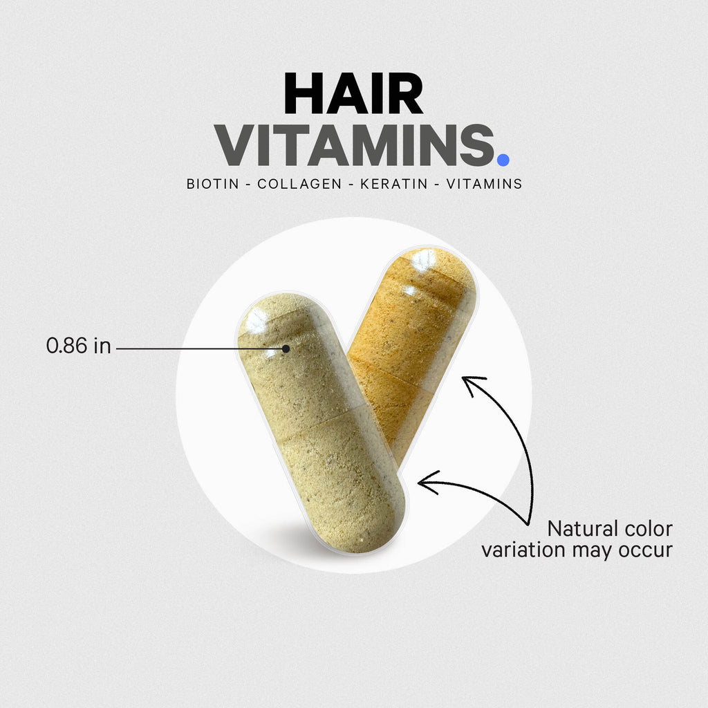 CDG010 | Hair Vitamins infographic showing capsule size, ingredients, and natural color variation - Thumbnail