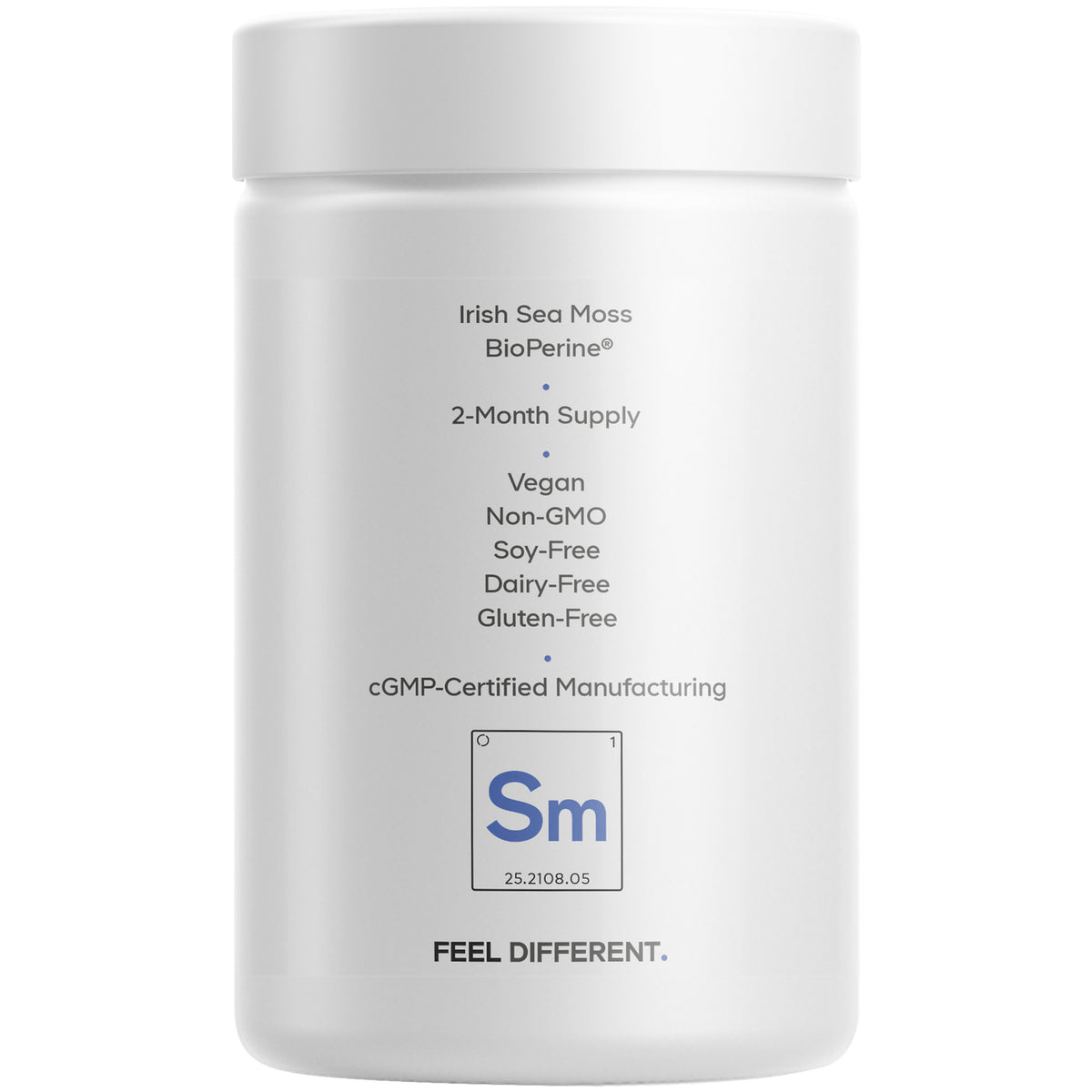CDG022 | Back label: Irish Sea Moss, BioPerine, 2-month supply; vegan, non-GMO, soy-free, dairy-free, gluten-free; cGMP manufacturing Sm logo