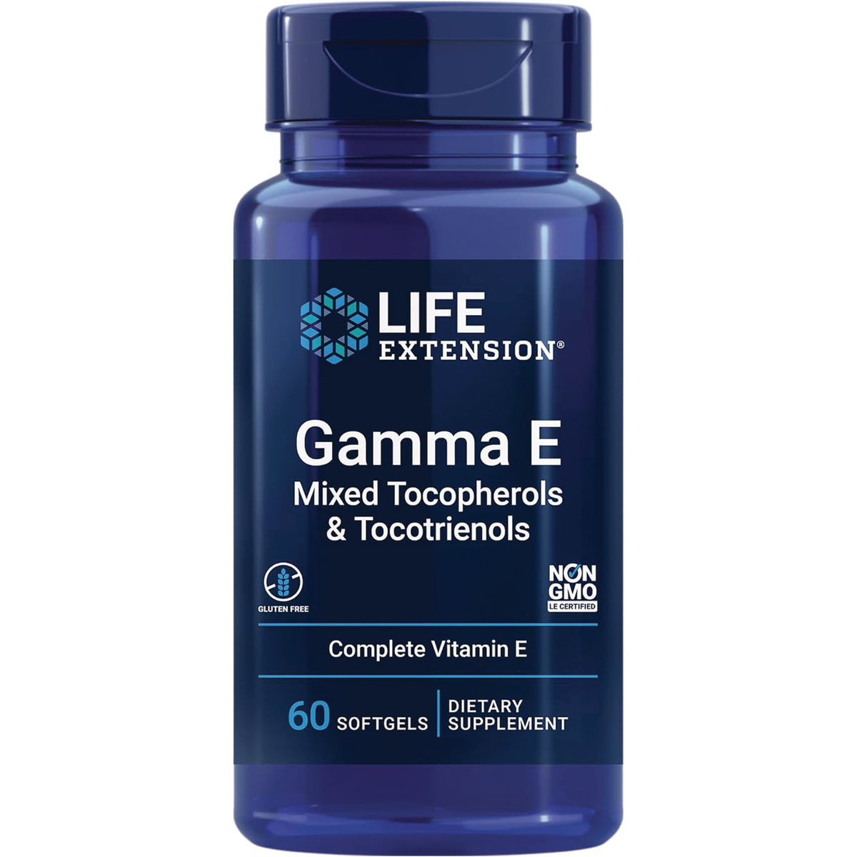 LE404 | Blue Life Extension bottle labeled Gamma E mixed tocopherols & tocotrienols, 60 softgels dietary supplement