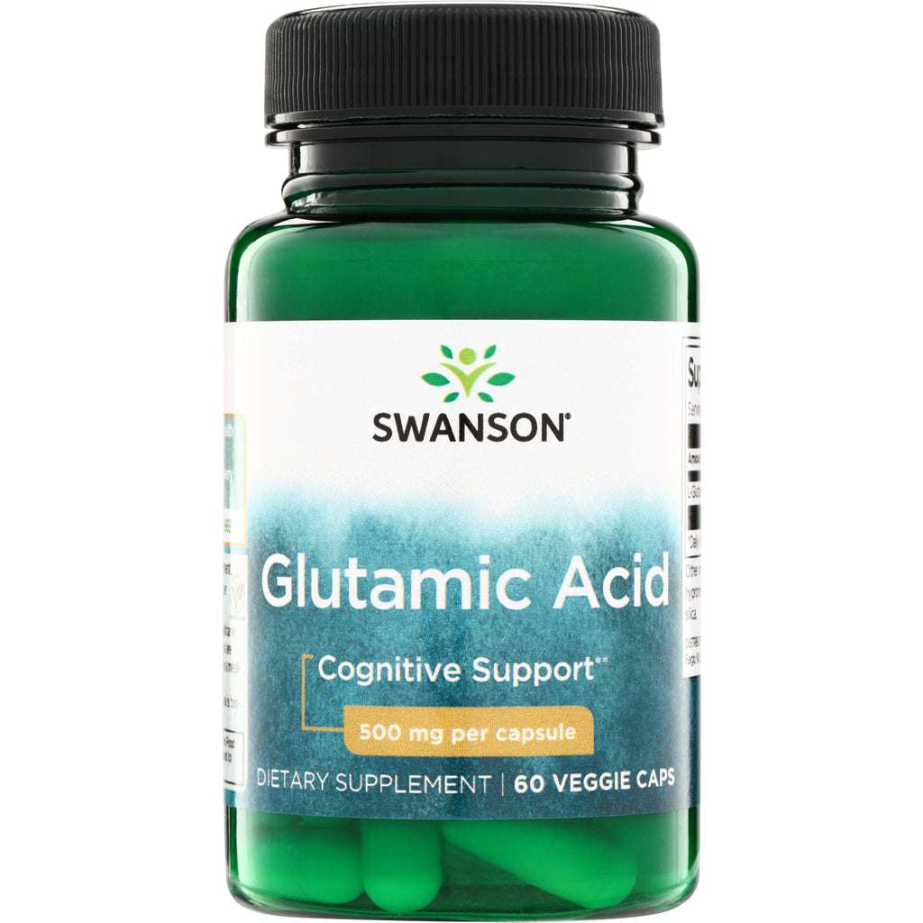 SW1608 | Swanson Glutamic Acid, Cognitive Support, 500 mg per capsule, 60 veggie caps bottle front - Thumbnail
