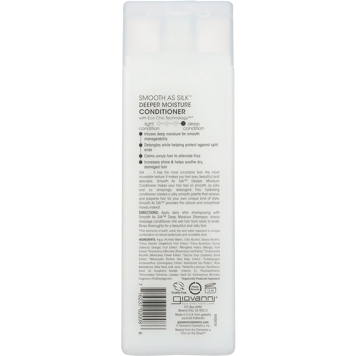 Back label of white Giovanni Smooth As Silk Deeper Moisture Conditioner bottle showing ingredients, directions, and barcode